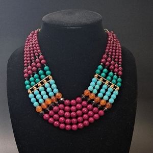 Erica Lyons Vintage MultiStrand Beaded Statement Necklace Berry Turquoise Amber